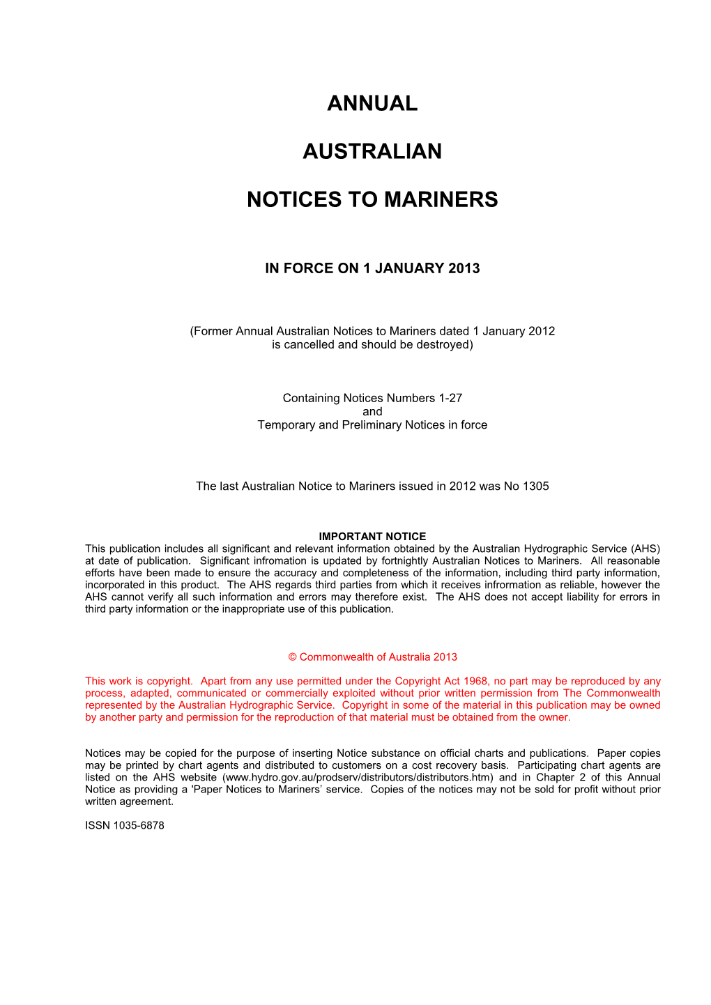 Annual Australian Notices to Mariners Dated 1 January 2012 Is Cancelled and Should Be Destroyed)