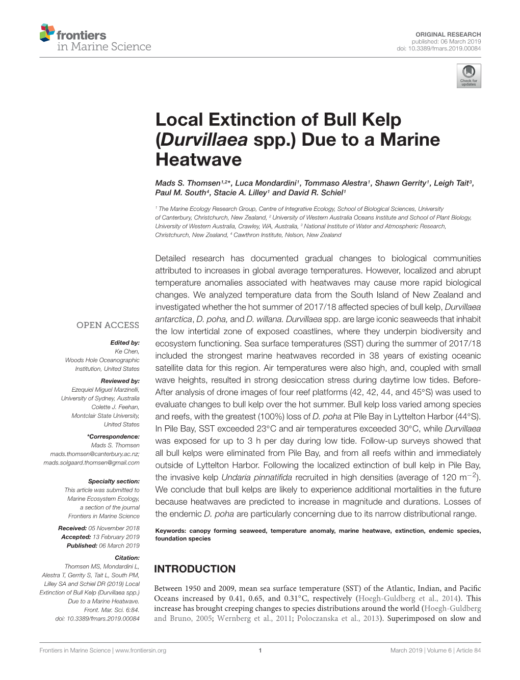 Local Extinction of Bull Kelp (Durvillaea Spp.) Due to a Marine Heatwave