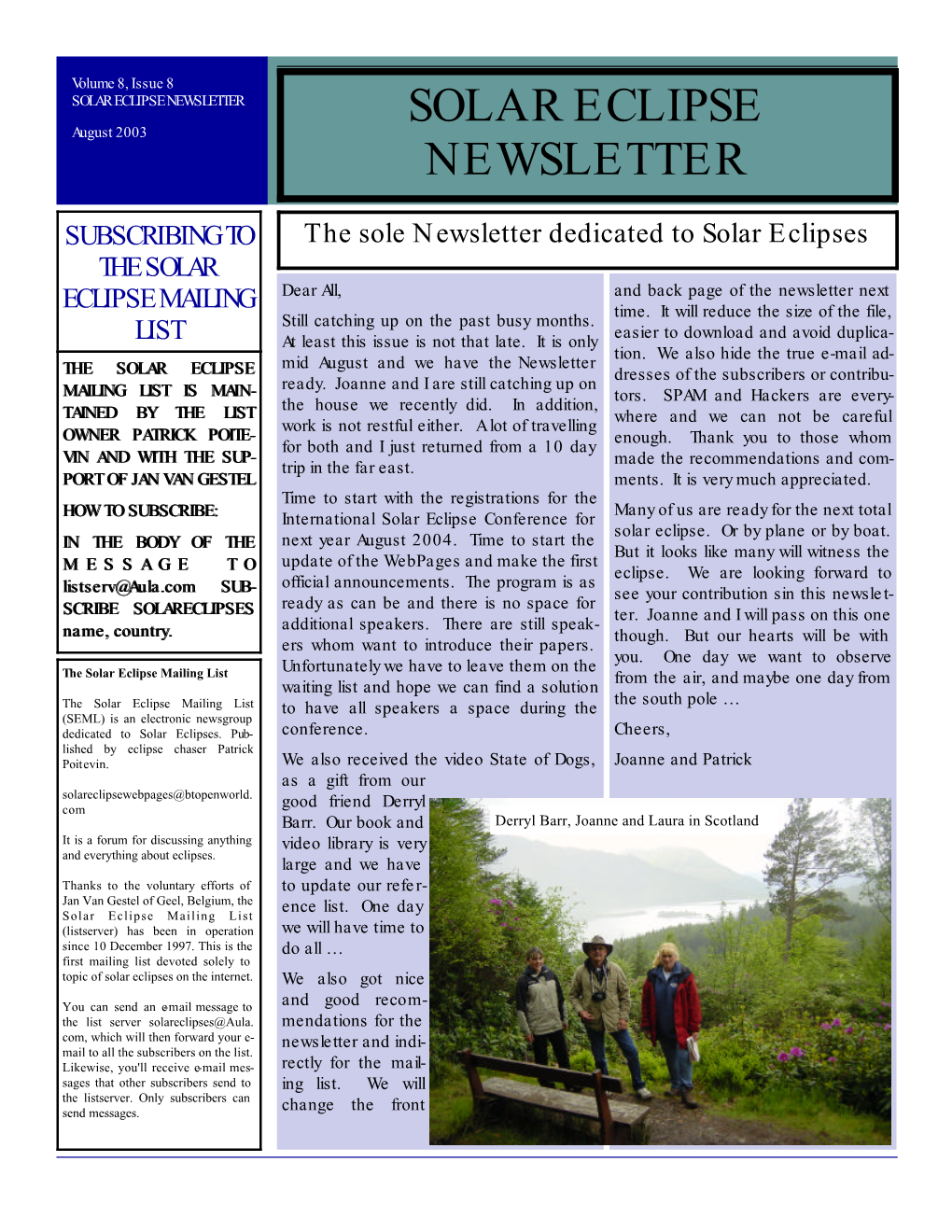 SOLAR ECLIPSE NEWSLETTER SOLAR ECLIPSE August 2003 NEWSLETTER