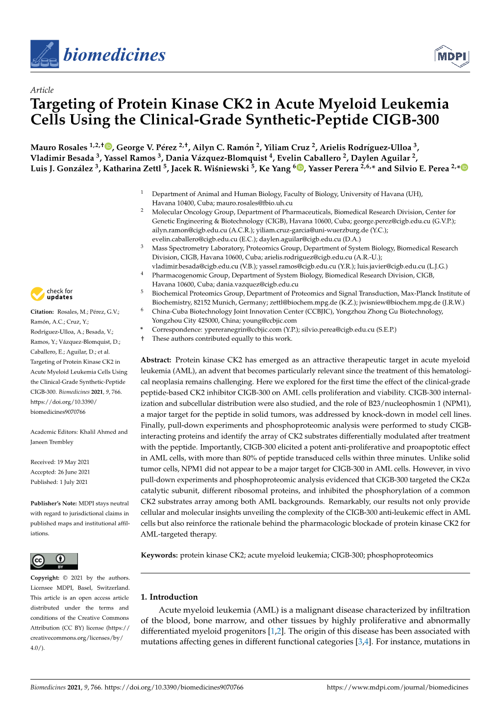 Targeting of Protein Kinase CK2 in Acute Myeloid Leukemia Cells Using the Clinical-Grade Synthetic-Peptide CIGB-300