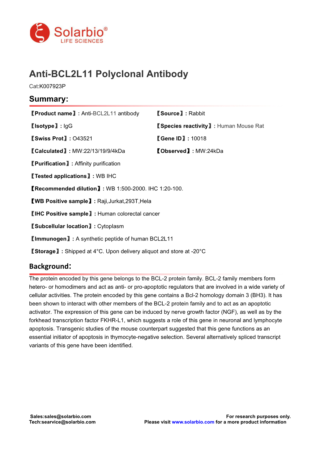 Anti-BCL2L11 Polyclonal Antibody Cat:K007923P Summary