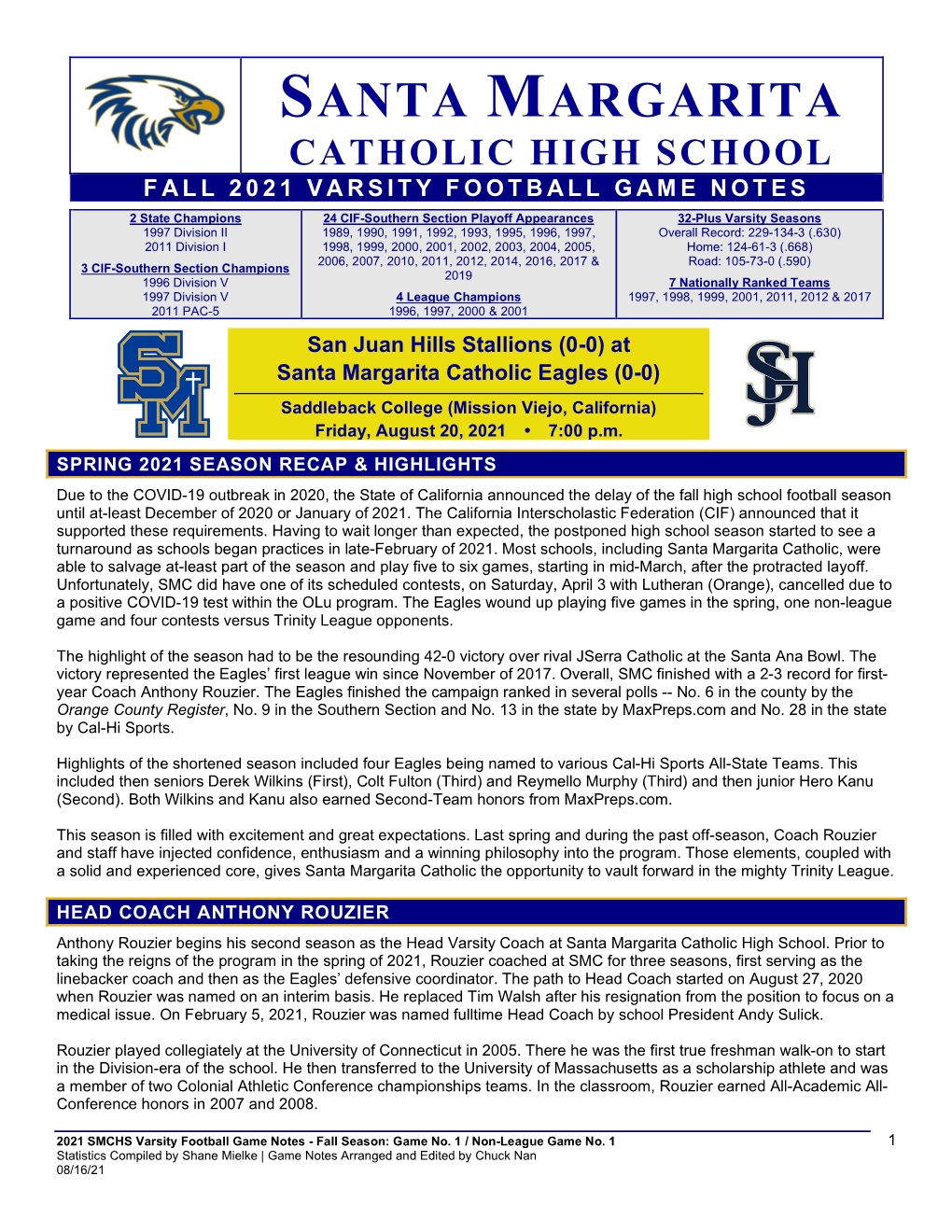 Santa Margarita Catholic High School Fall 2021 Varsity Football Game Notes