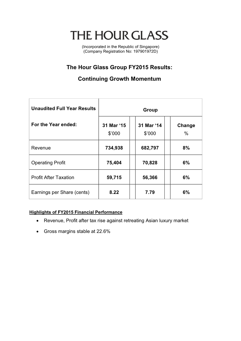 The Hour Glass Group FY2015 Results: Continuing Growth