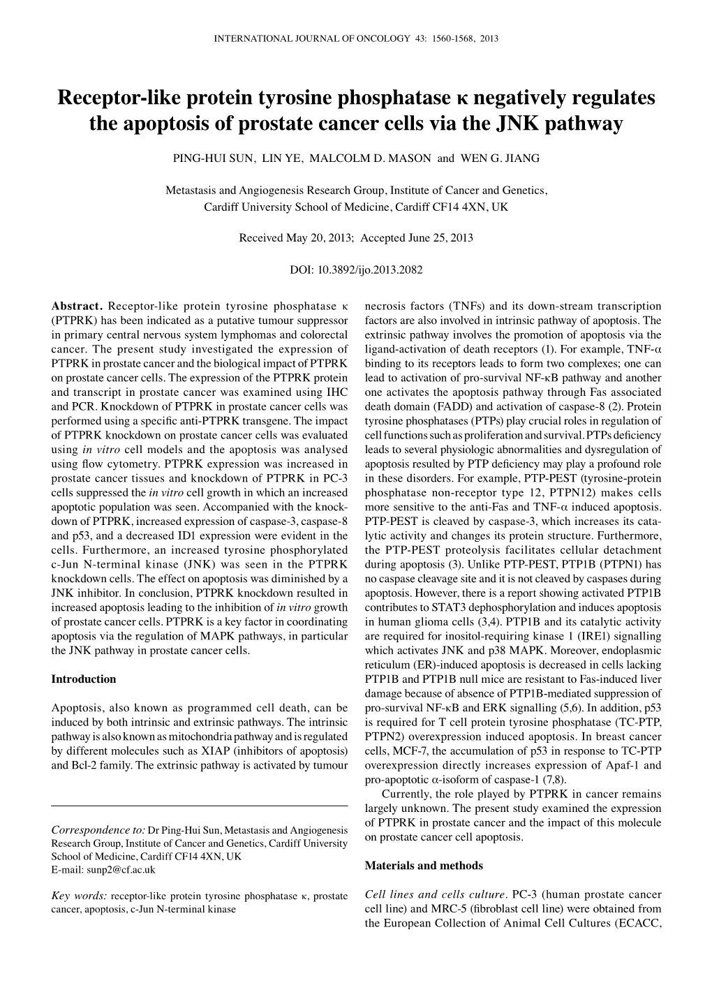 Receptor-Like Protein Tyrosine Phosphatase Κ Negatively Regulates the Apoptosis of Prostate Cancer Cells Via the JNK Pathway