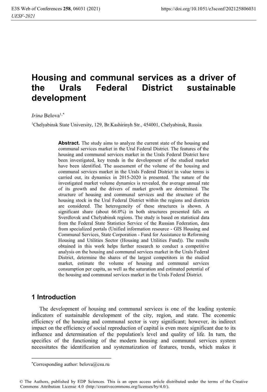 Housing and Communal Services As a Driver of the Urals Federal District Sustainable Development