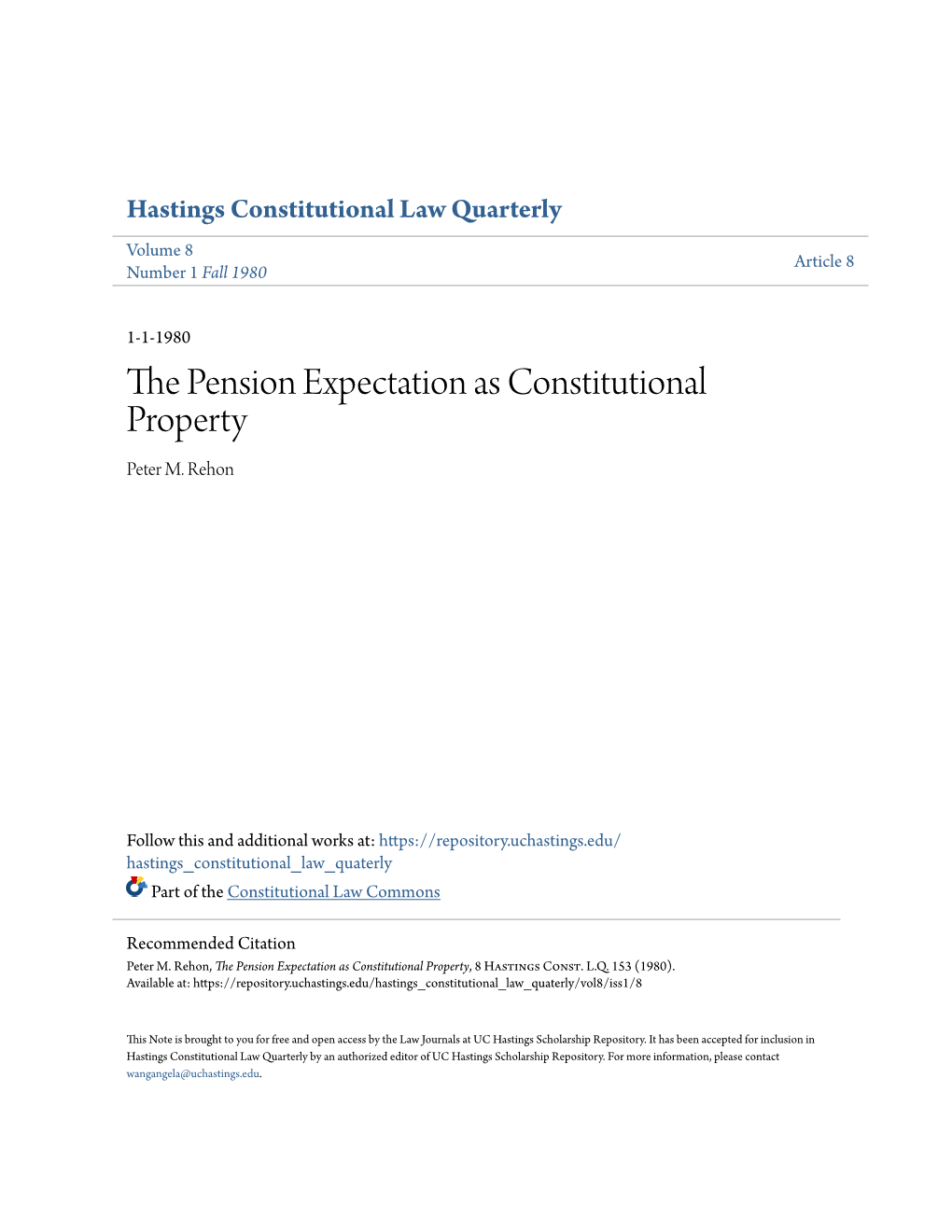 The Pension Expectation As Constitutional Property, 8 Hastings Const