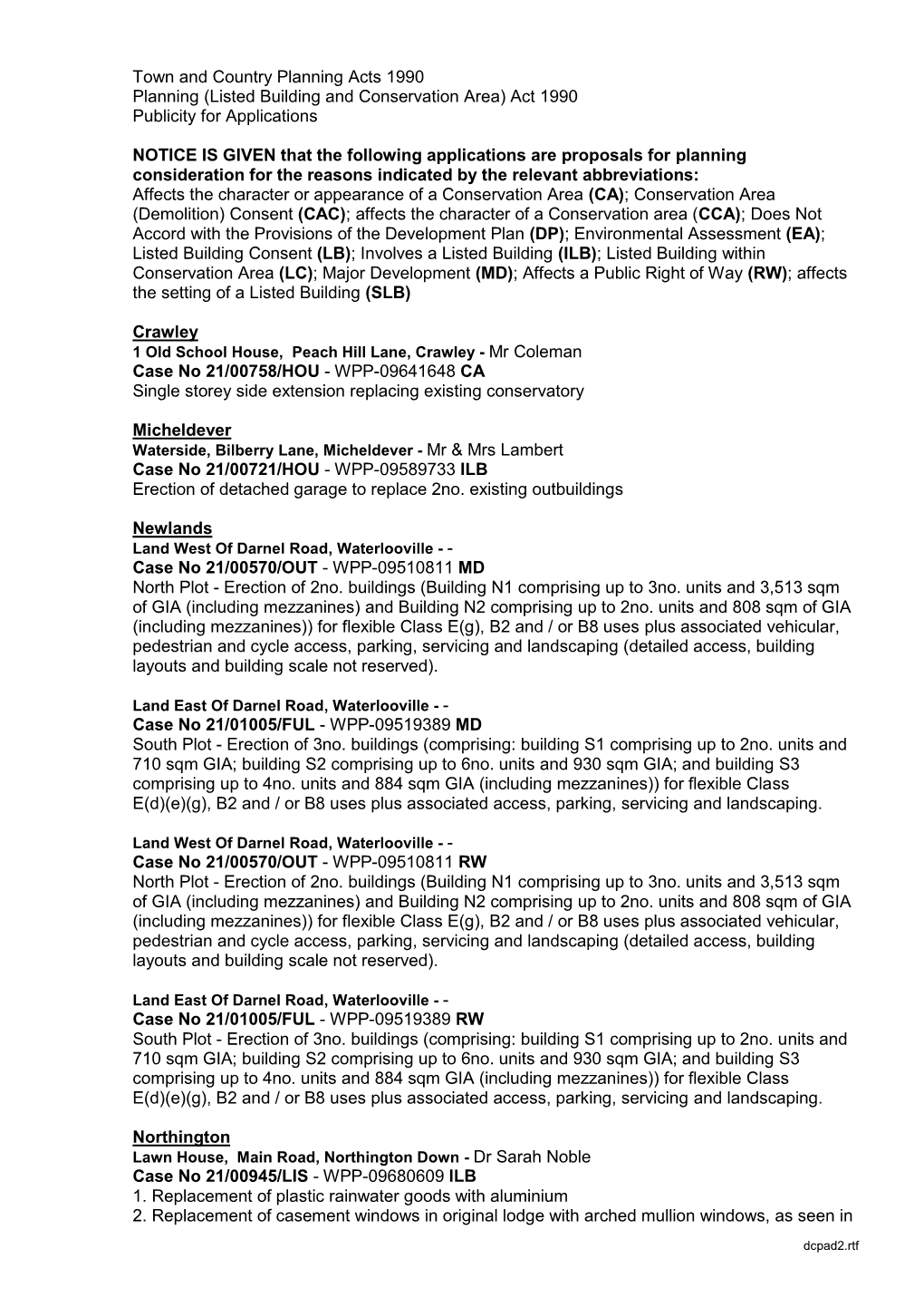 Town and Country Planning Acts 1990 Planning (Listed Building and Conservation Area) Act 1990 Publicity for Applications