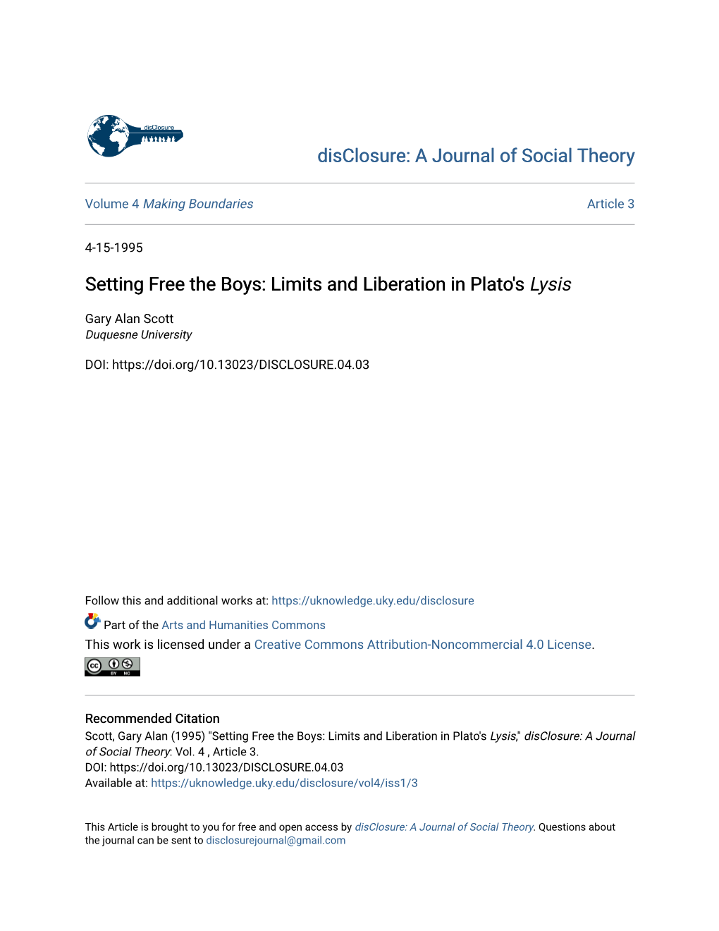 Setting Free the Boys: Limits and Liberation in Plato's Lysis