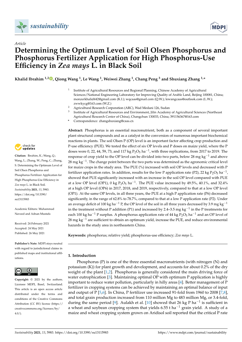 Determining the Optimum Level of Soil Olsen Phosphorus and Phosphorus Fertilizer Application for High Phosphorus-Use Efﬁciency in Zea Mays L