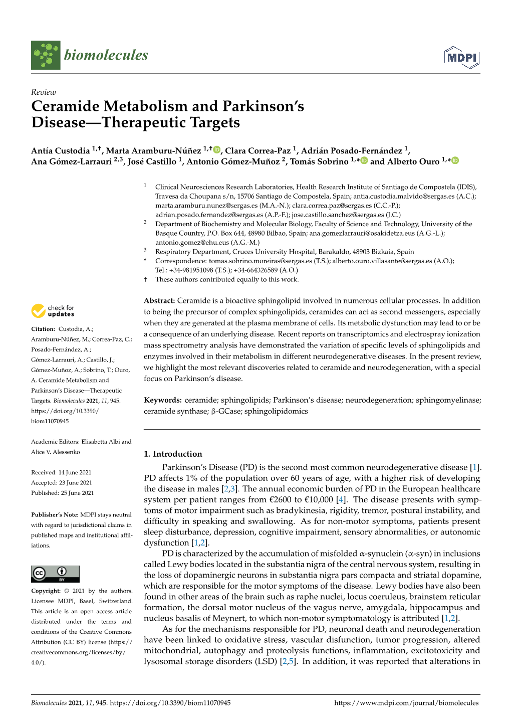 Ceramide Metabolism and Parkinson's Disease—Therapeutic Targets