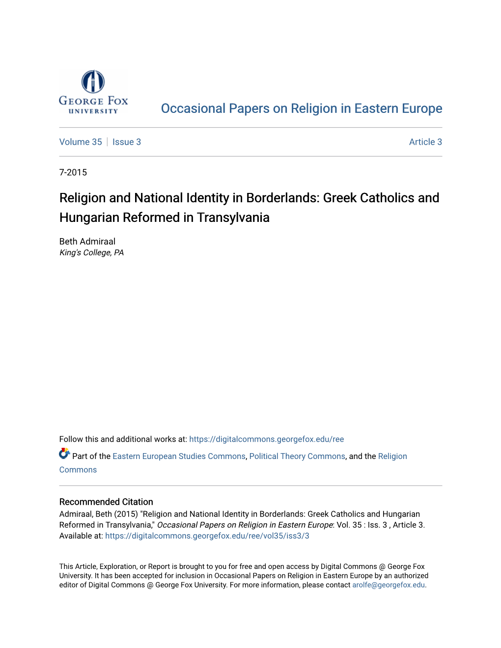 Greek Catholics and Hungarian Reformed in Transylvania