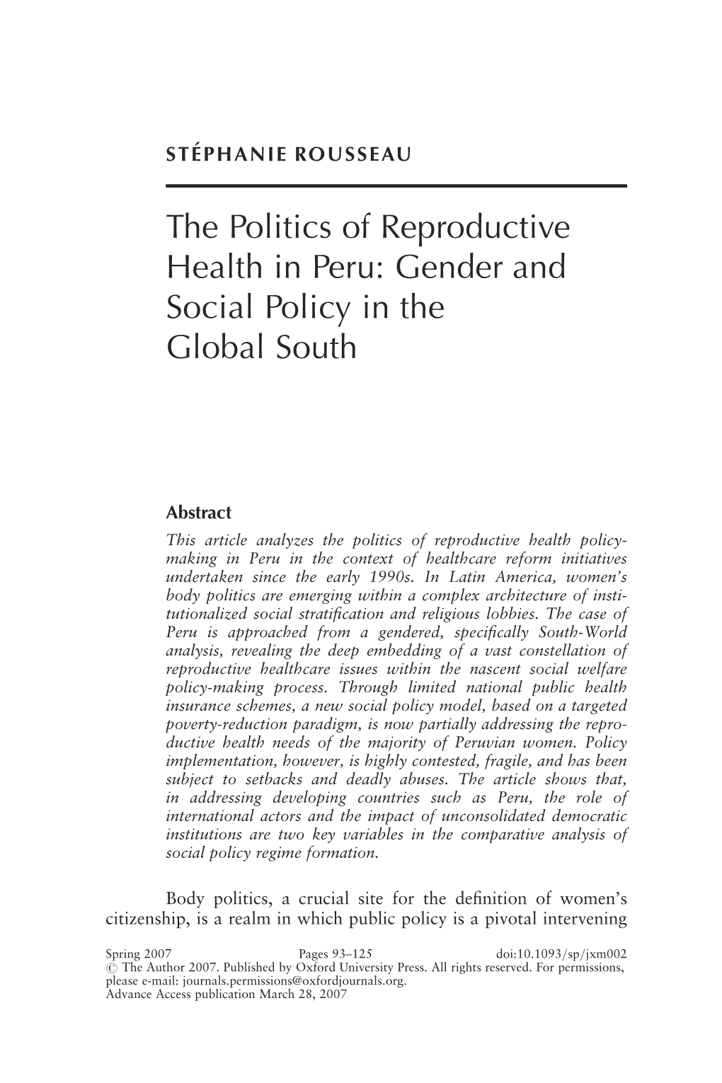 The Politics of Reproductive Health in Peru: Gender and Social Policy in the Global South