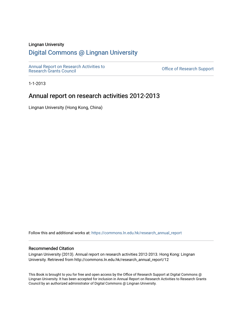 Annual Report on Research Activities 2012-2013