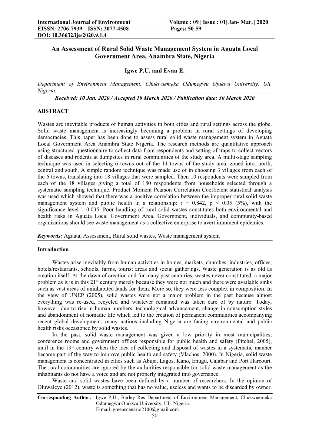 An Assessment of Rural Solid Waste Management System in Aguata Local Government Area, Anambra State, Nigeria