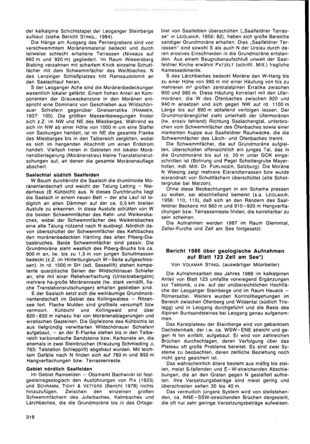 Bericht 1986 Über Geologische Aufnahmen Auf Blatt 123 Zell Am