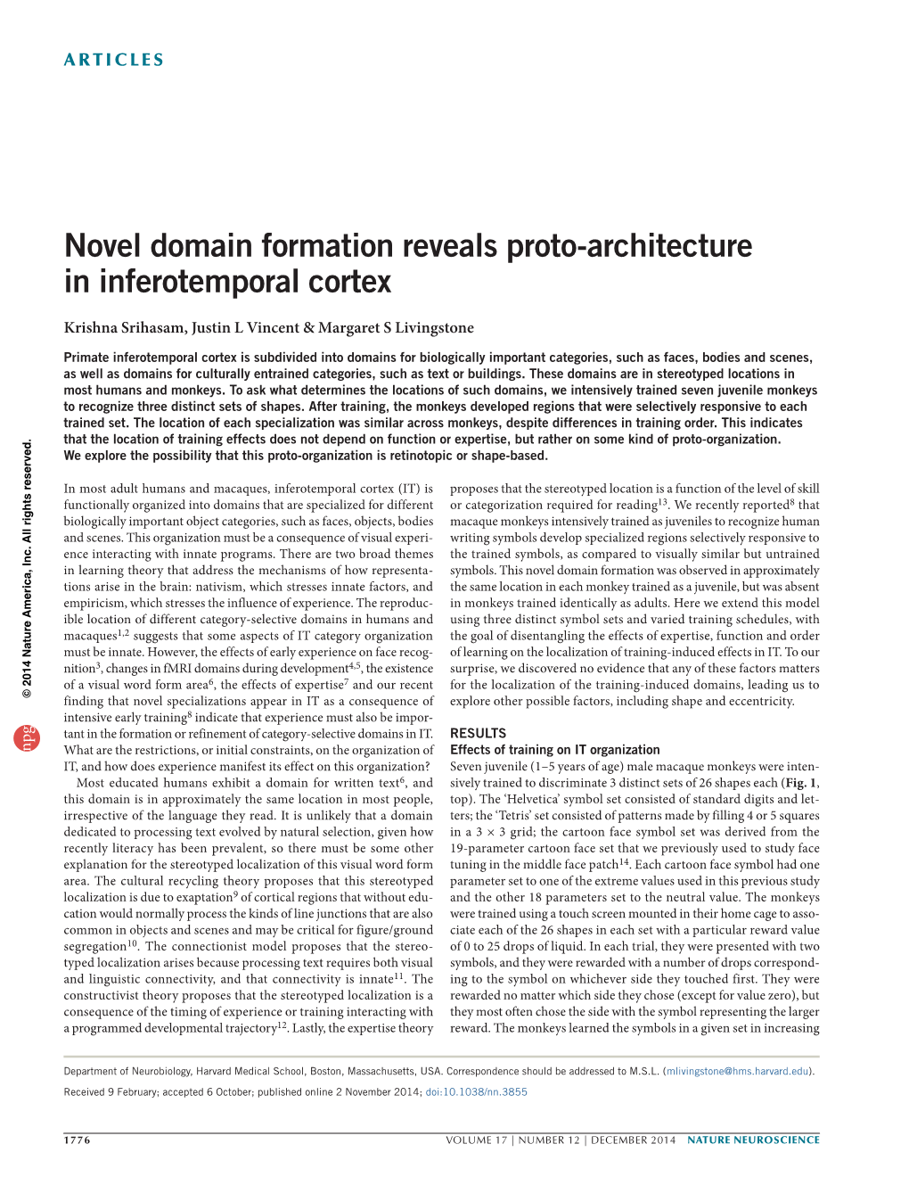 Novel Domain Formation Reveals Proto-Architecture in Inferotemporal Cortex