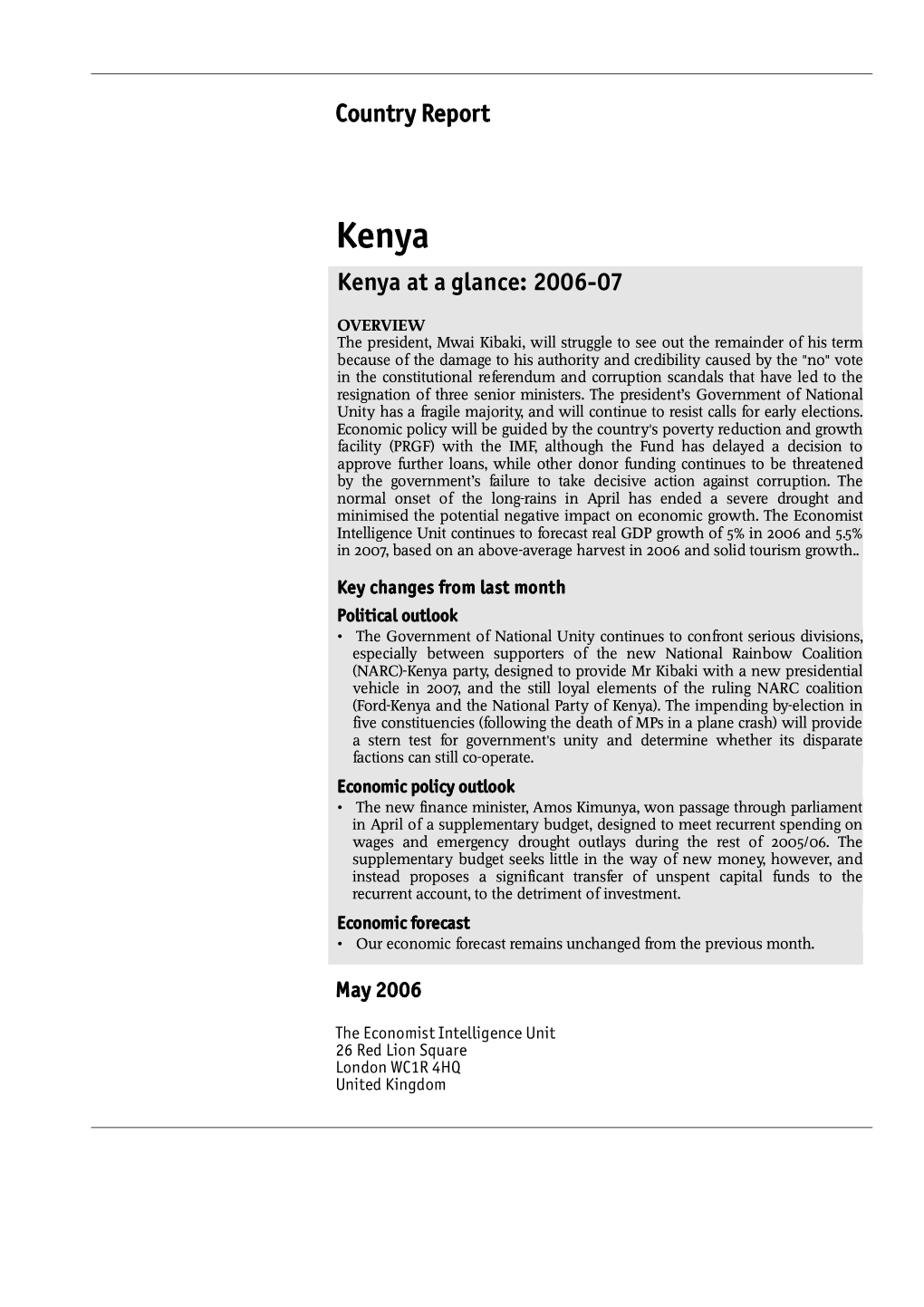 Country Report Kenya at a Glance: 2006-07