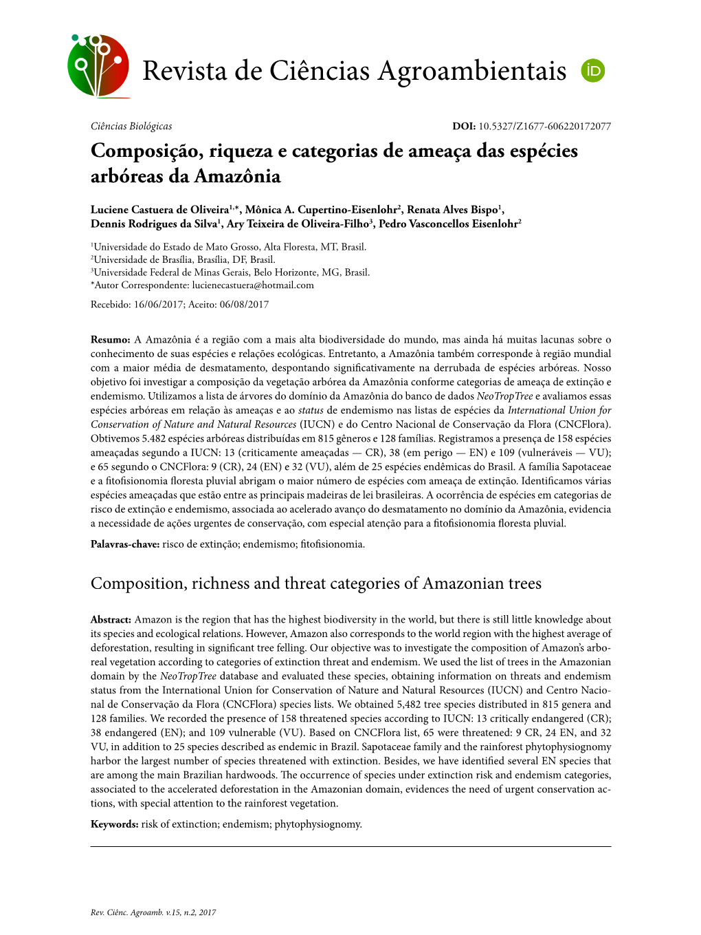 Composição, Riqueza E Categorias De Ameaça Das Espécies Arbóreas Da Amazônia