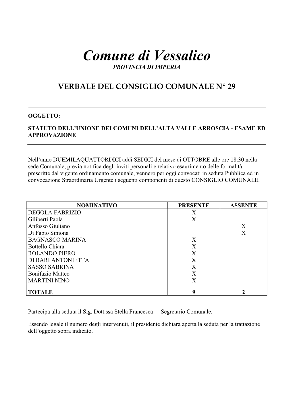 Delibera C.C. 29-2014 Statuto Unione Dei Comuni