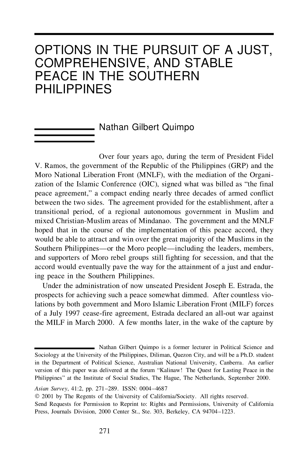 Options in the Pursuit of a Just, Comprehensive, and Stable Peace in the Southern Philippines