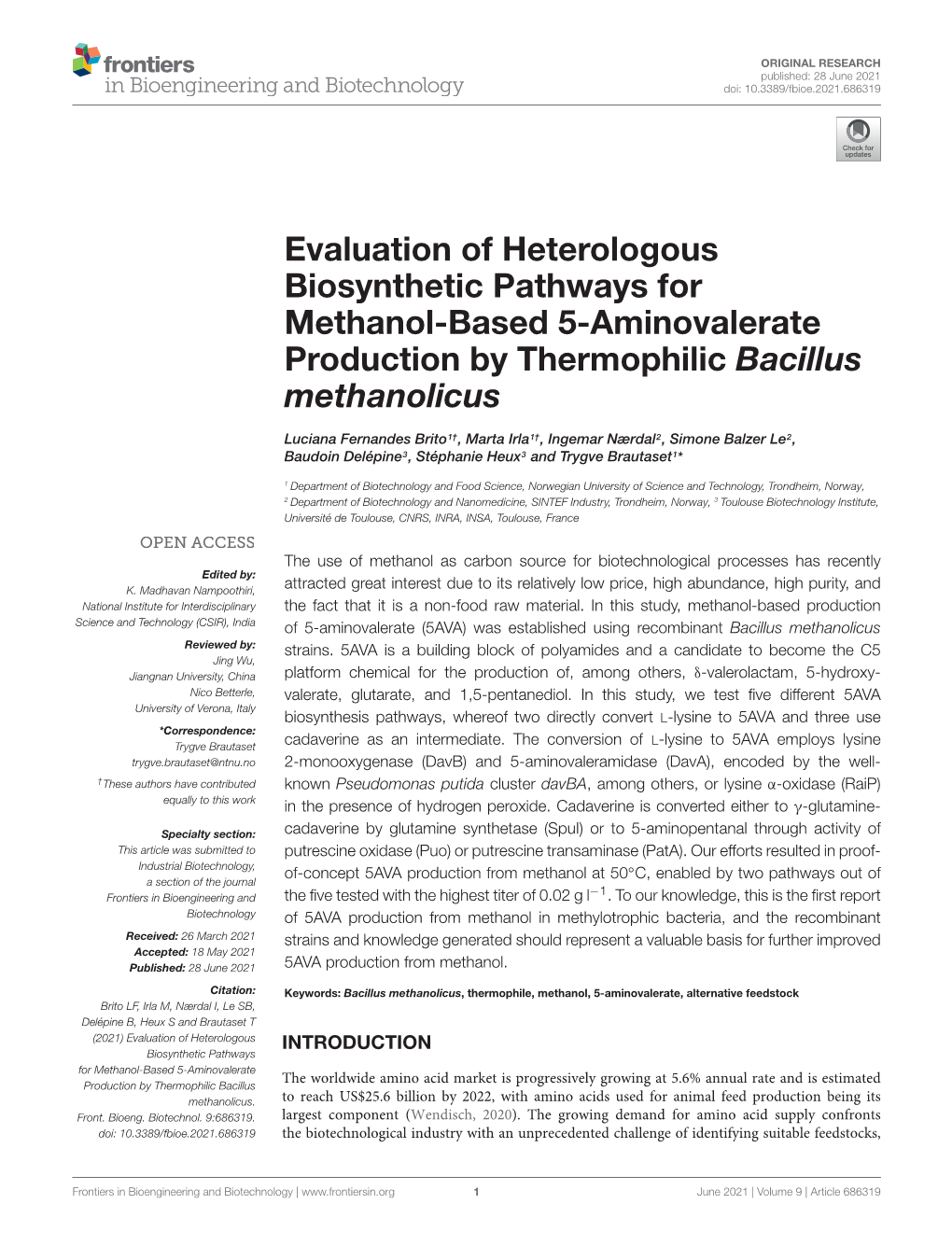 Evaluation of Heterologous Biosynthetic Pathways for Methanol-Based 5-Aminovalerate Production by Thermophilic Bacillus Methanolicus