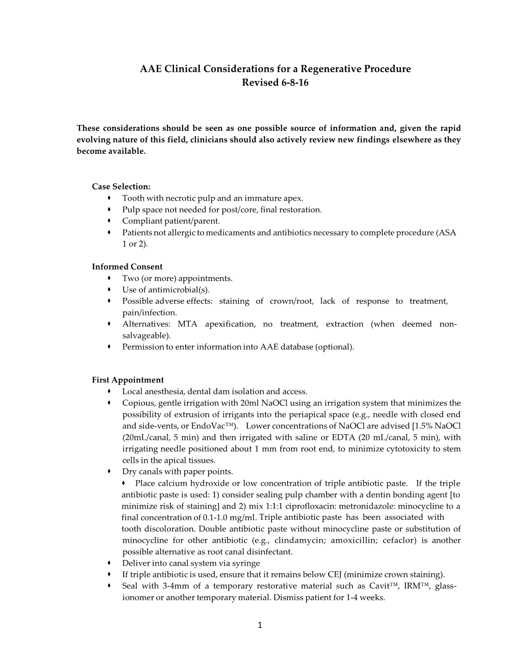 AAE Clinical Considerations for a Regenerative Procedure Revised 6-8-16