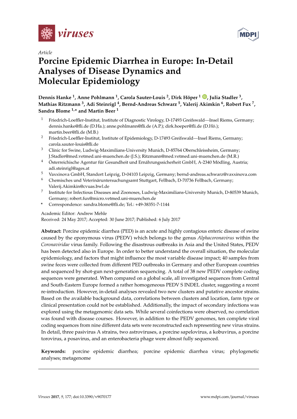 Porcine Epidemic Diarrhea in Europe: In-Detail Analyses of Disease Dynamics and Molecular Epidemiology