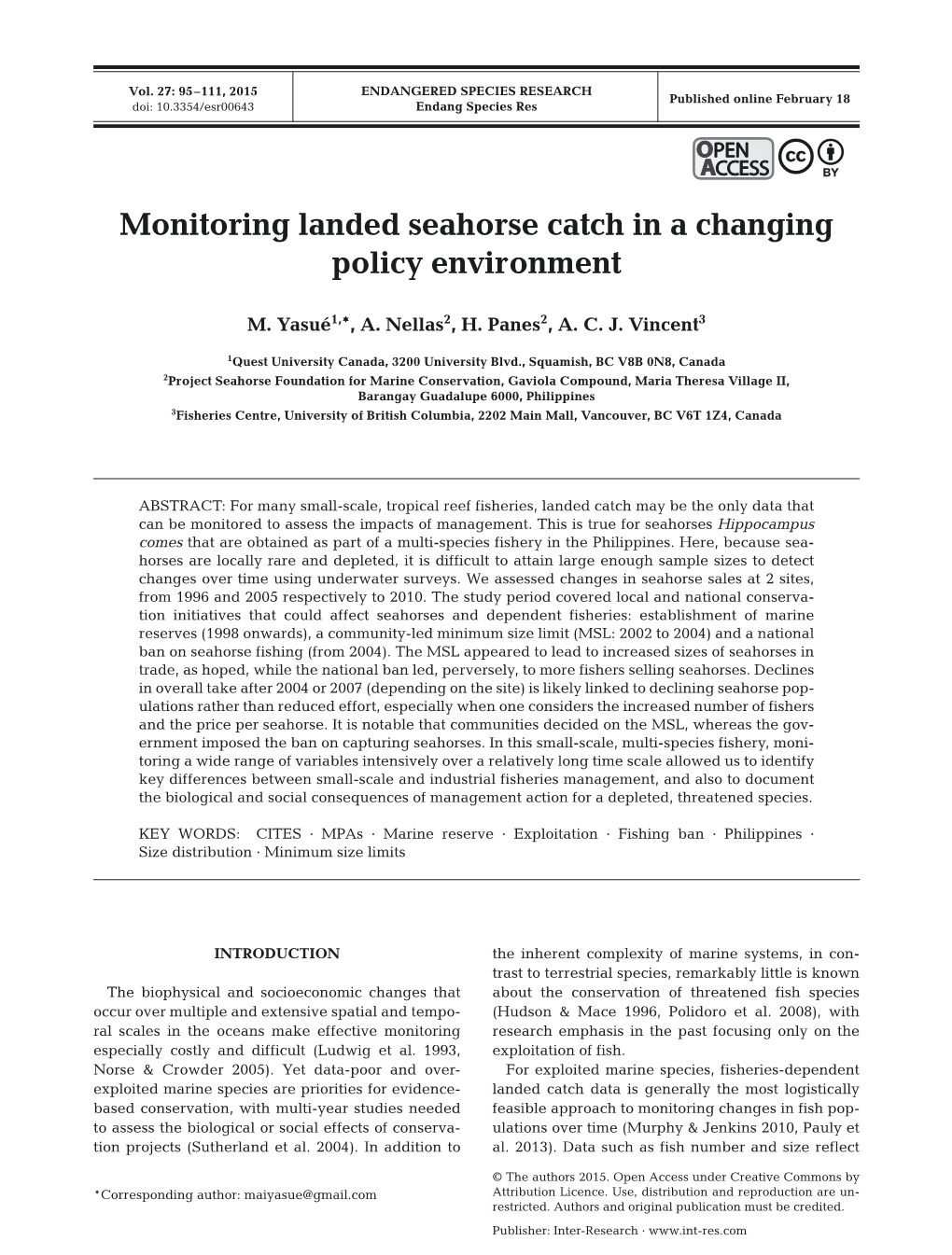 Monitoring Landed Seahorse Catch in a Changing Policy Environment