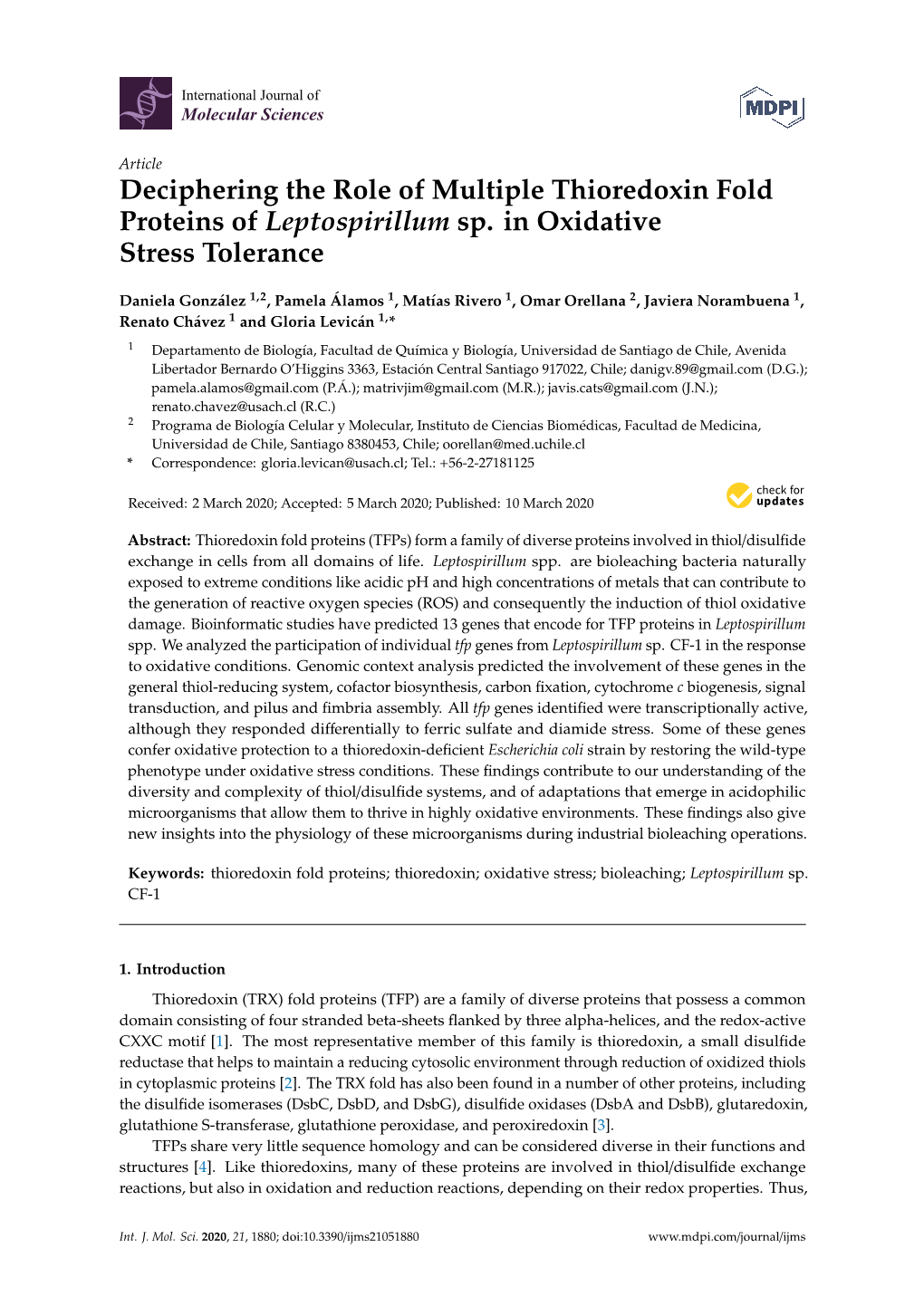 Deciphering the Role of Multiple Thioredoxin Fold Proteins of Leptospirillum Sp. in Oxidative Stress Tolerance