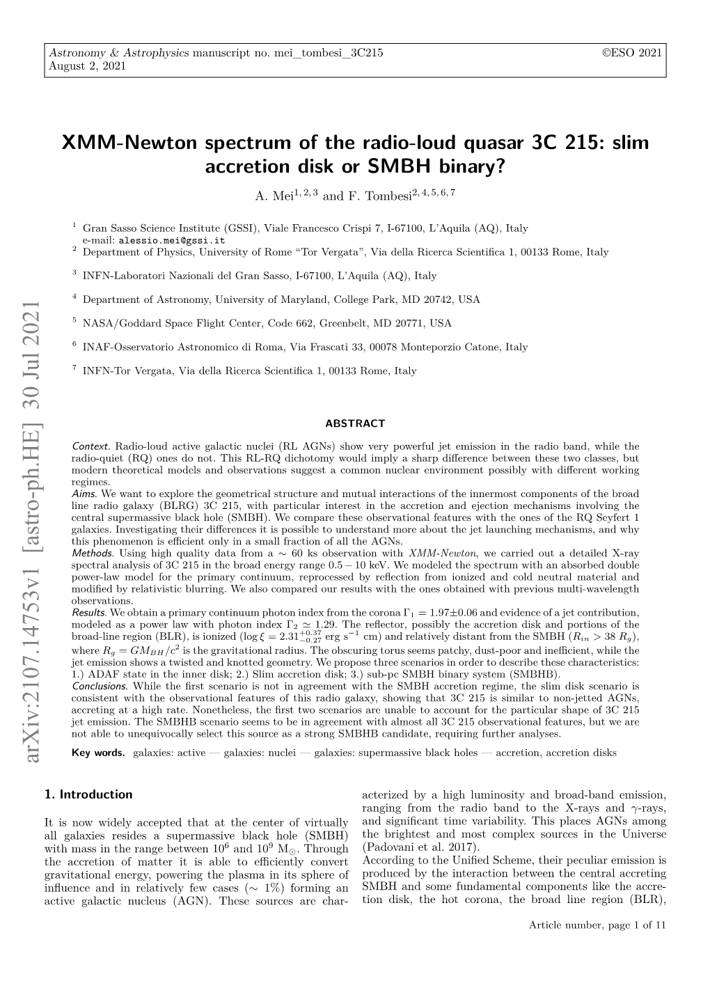 XMM-Newton Spectrum of the Radio-Loud Quasar 3C 215: Slim Accretion Disk Or SMBH Binary? A