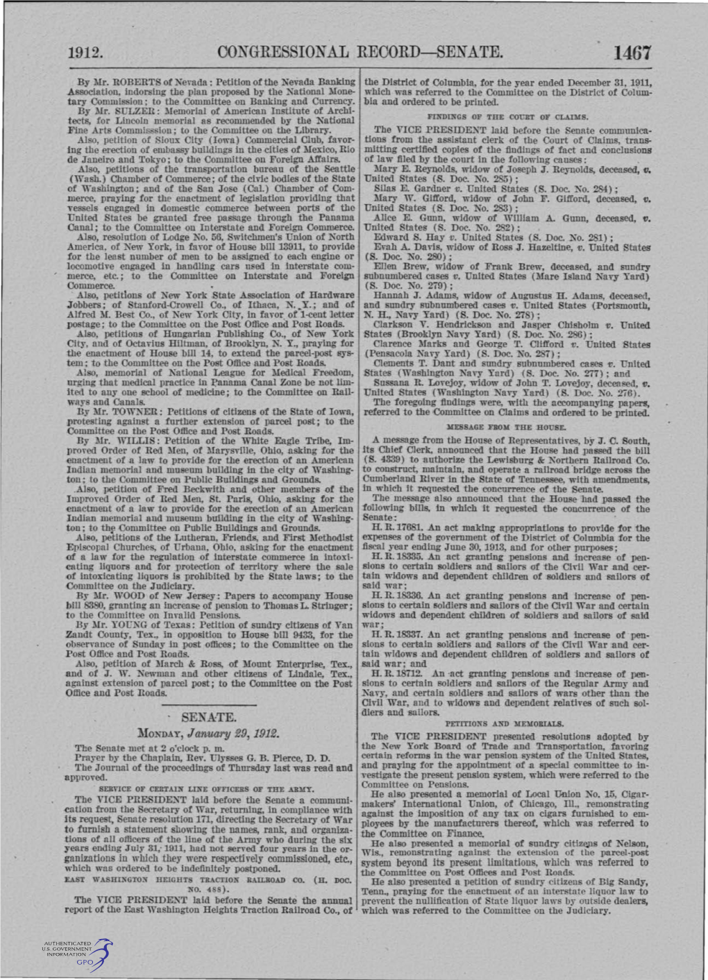 1912. Congressional Record-Senate. 1467