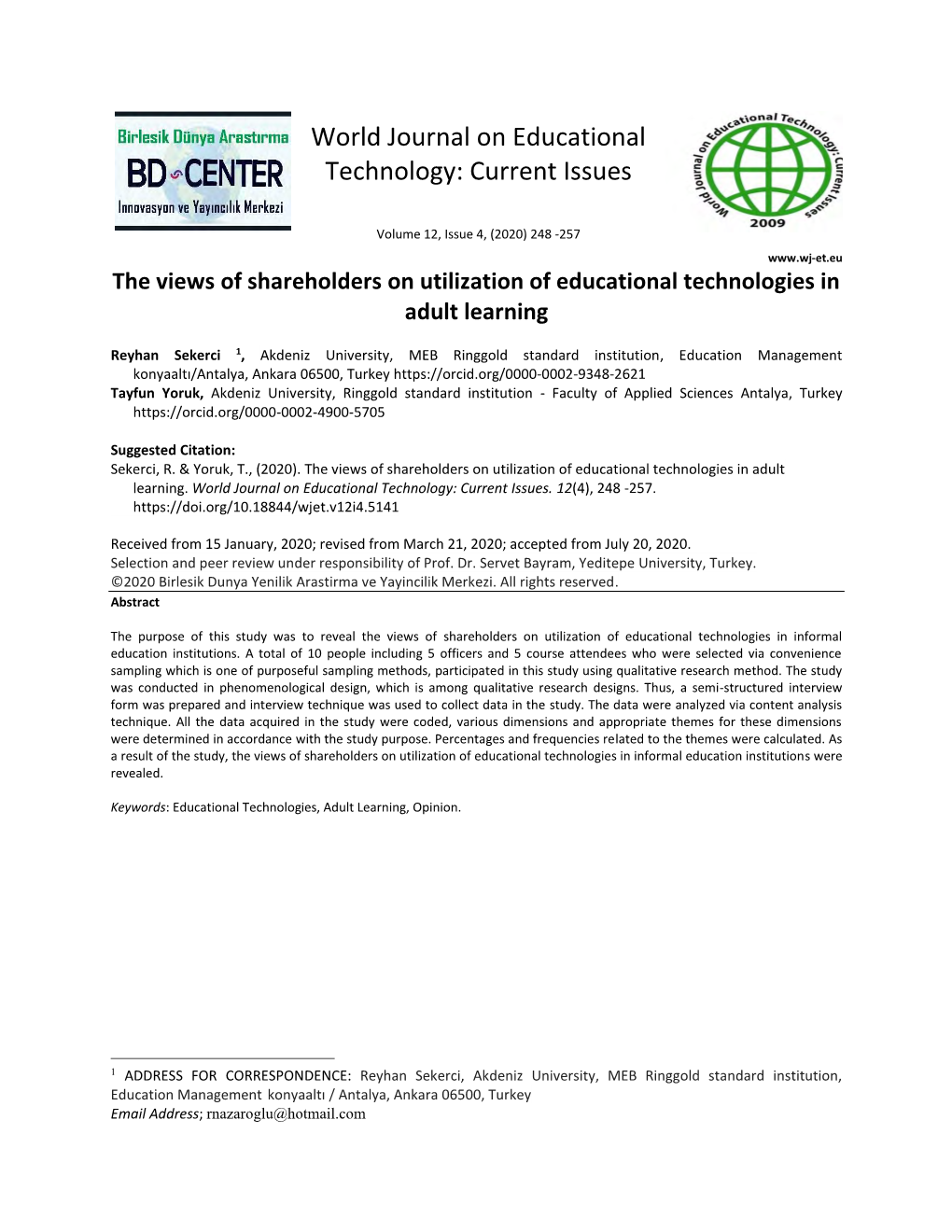 World Journal on Educational Technology: Current Issues