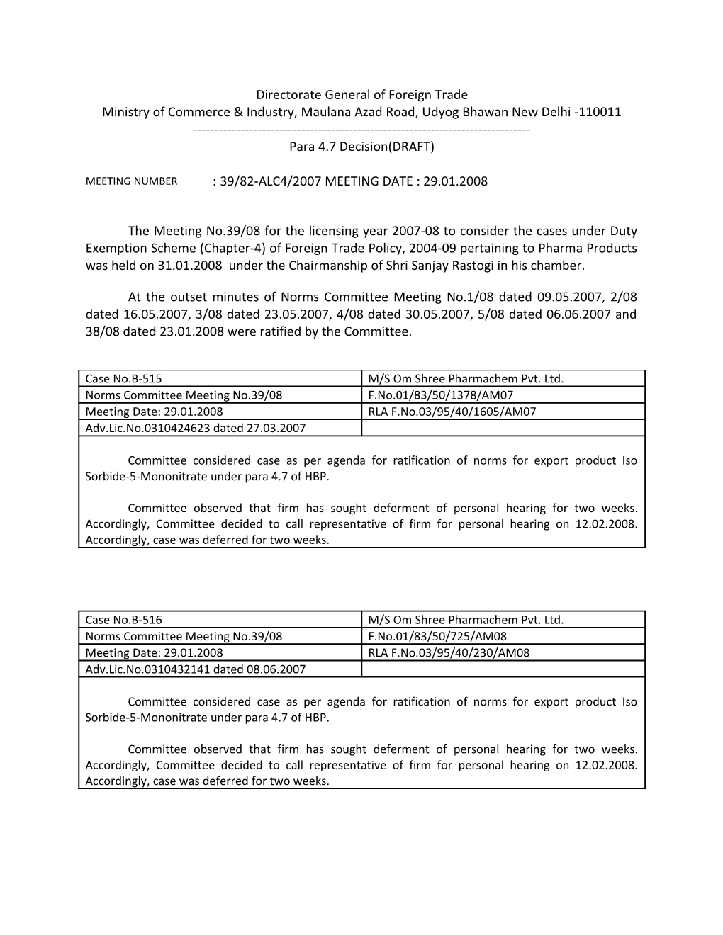 The Meeting No.39/08 for the Licensing Year 2007-08 to Consider the Cases Under Duty Exemption