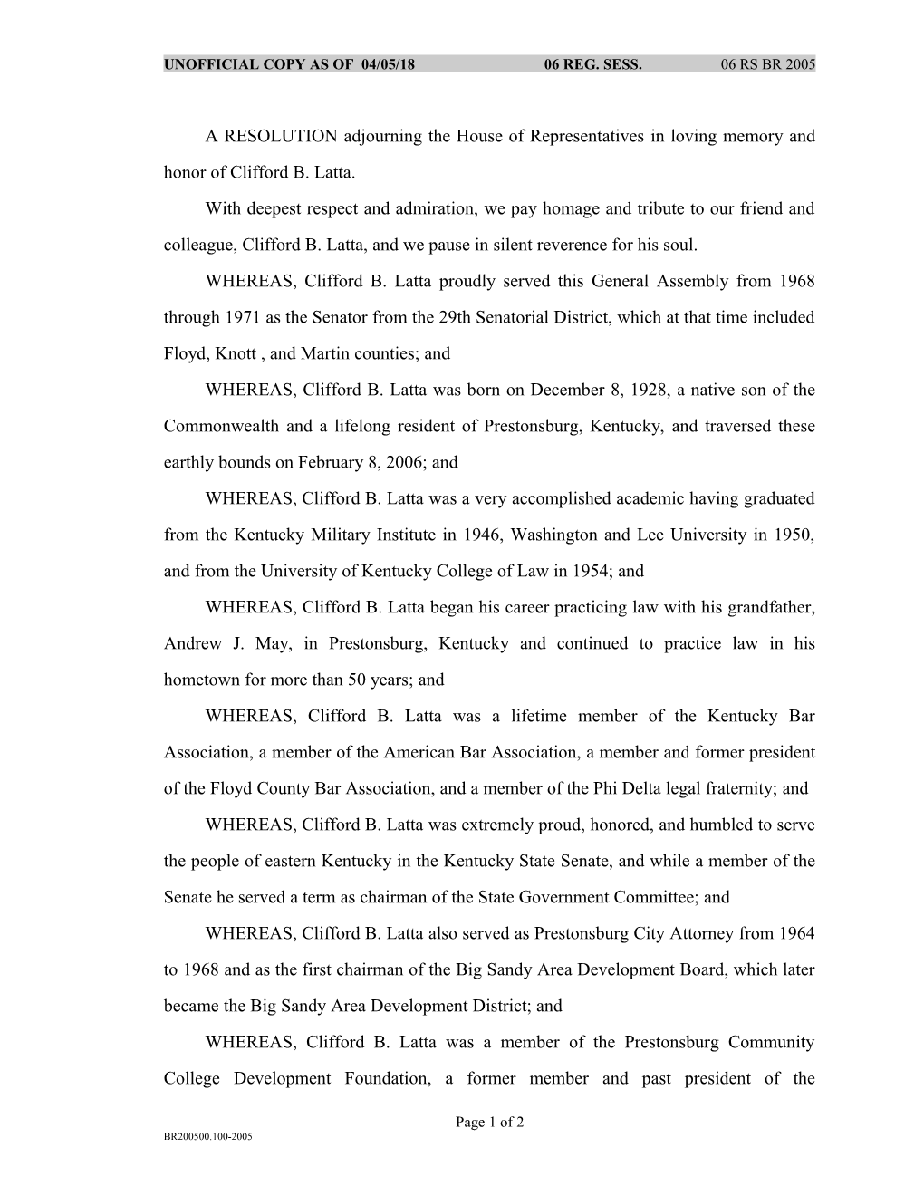 Unofficial Copy As of 02/10/06 06 Reg. Sess. 06 Rs Br 2005