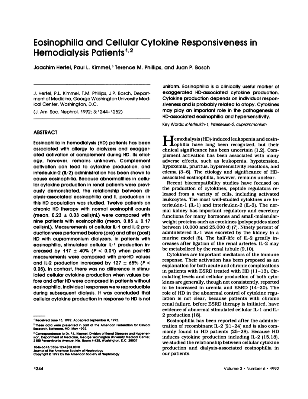 Eosinophilia and Cellular Cytokine Responsiveness in Hemodialysis Patients1’2