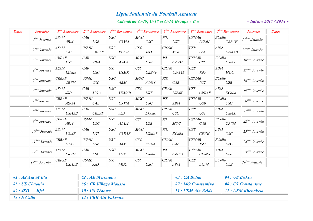 Ligue Nationale Du Football Amateur Calendrier U-19, U-17 Et U-16 Groupe « E » « Saison 2017 / 2018 »