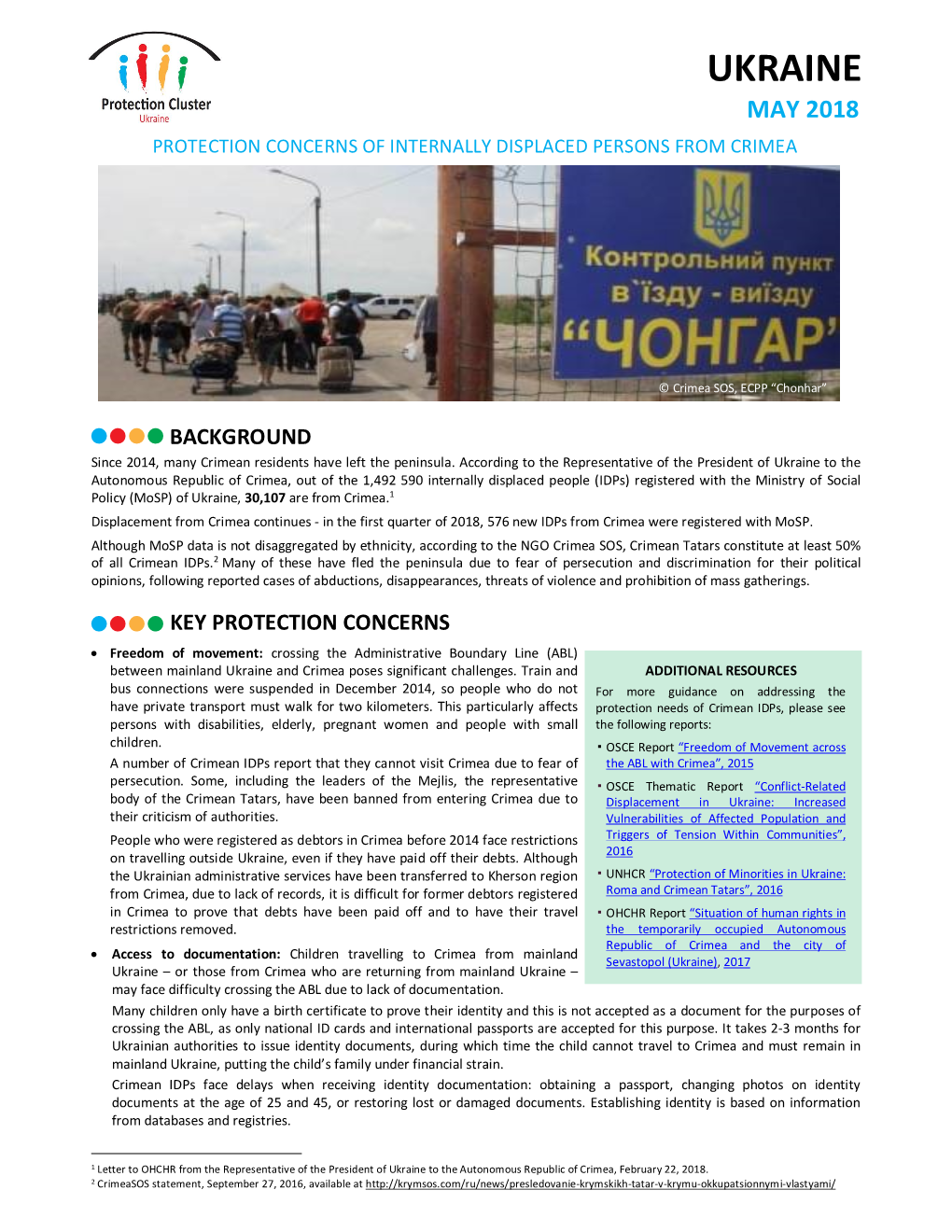 Ukraine May 2018 Protection Concerns of Internally Displaced Persons from Crimea