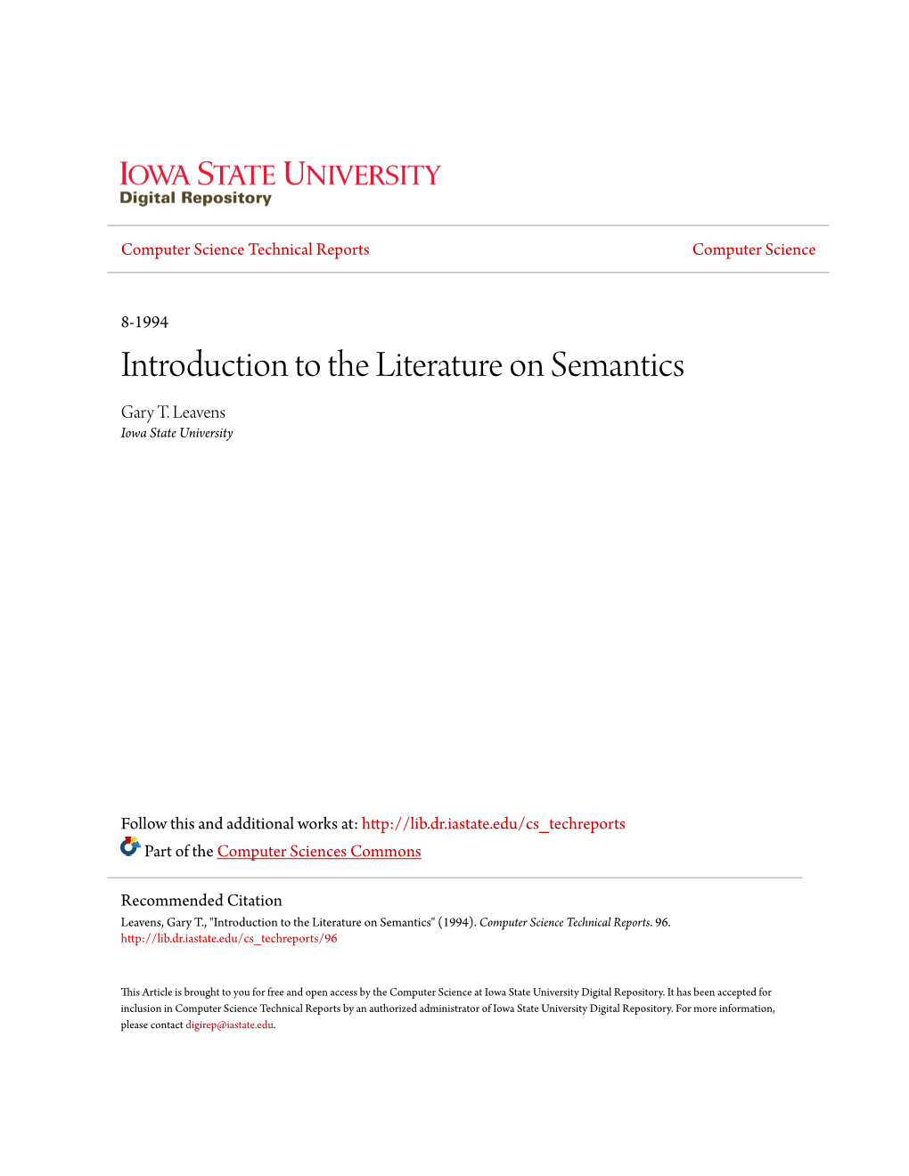 Introduction to the Literature on Semantics Gary T