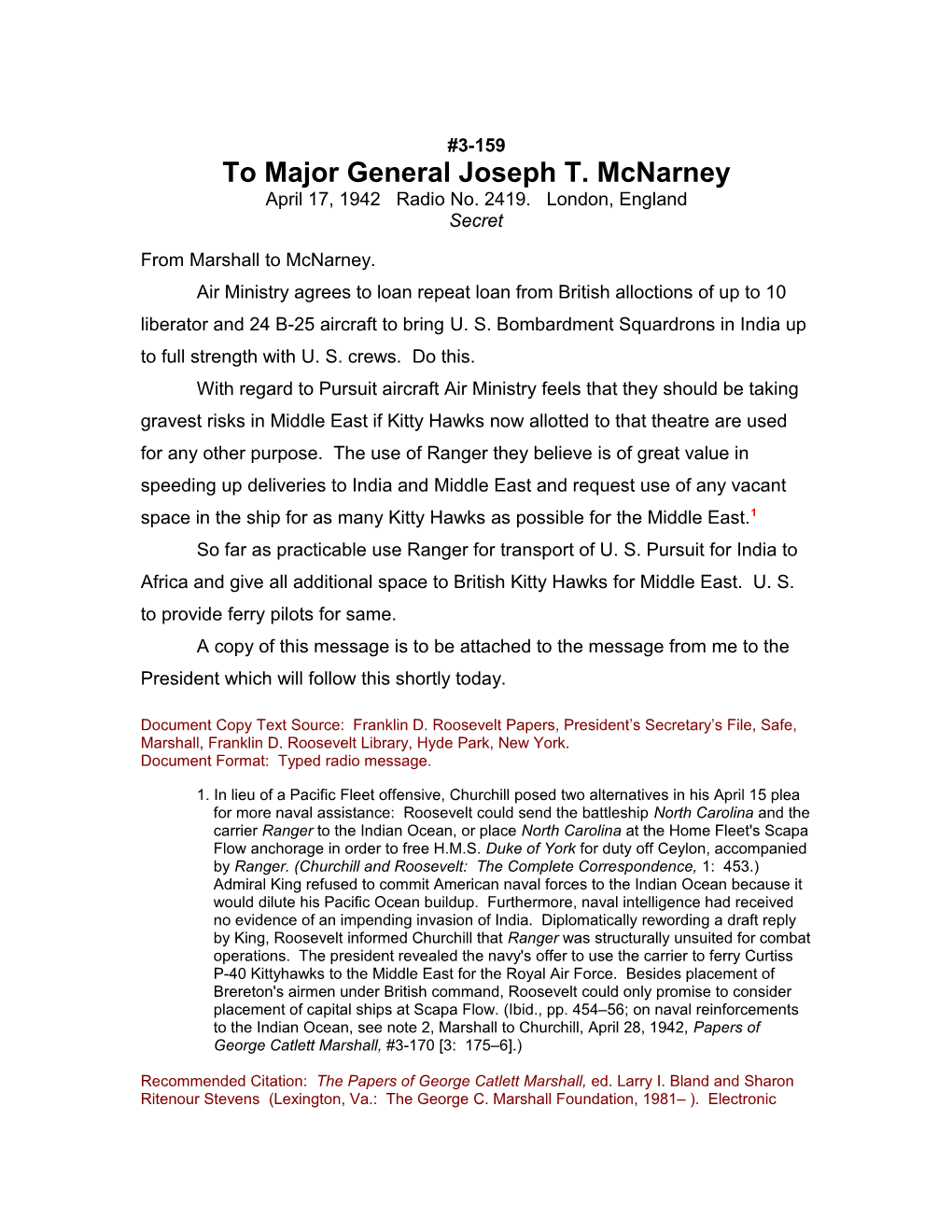 To Major General Joseph T. Mcnarney