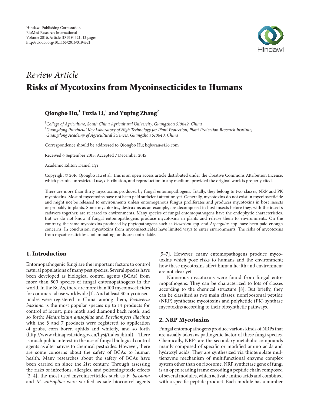 Review Article Risks of Mycotoxins from Mycoinsecticides to Humans