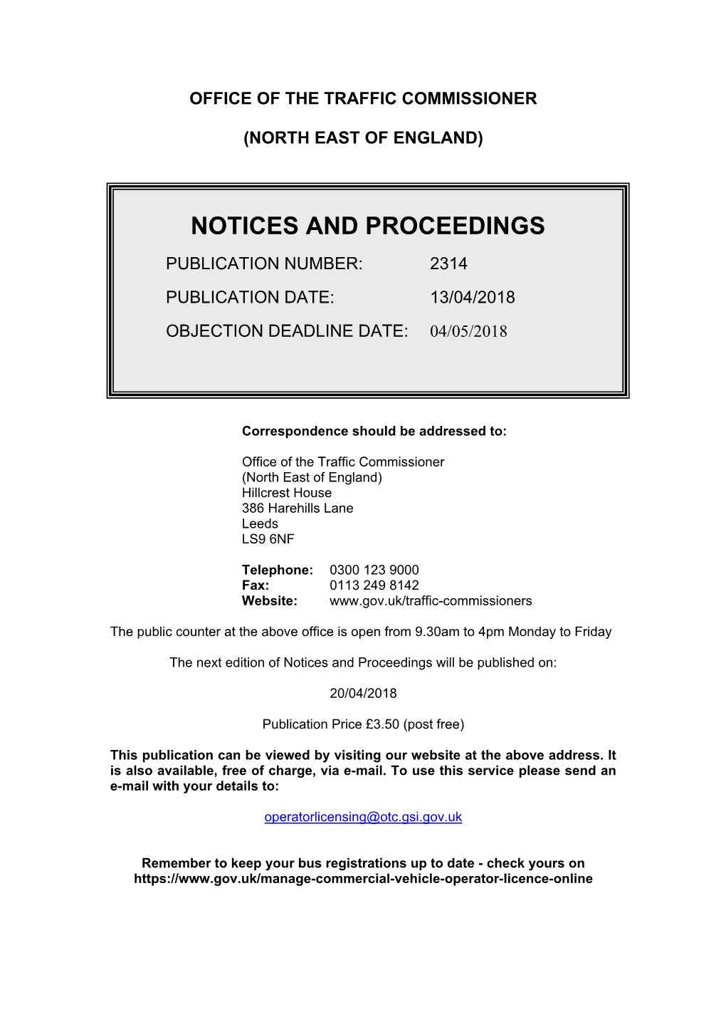 Notices and Proceedings: North East of England: 13 April 2018