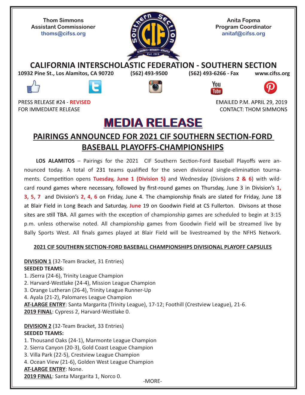 Pairings Announced for 2021 Cif Southern