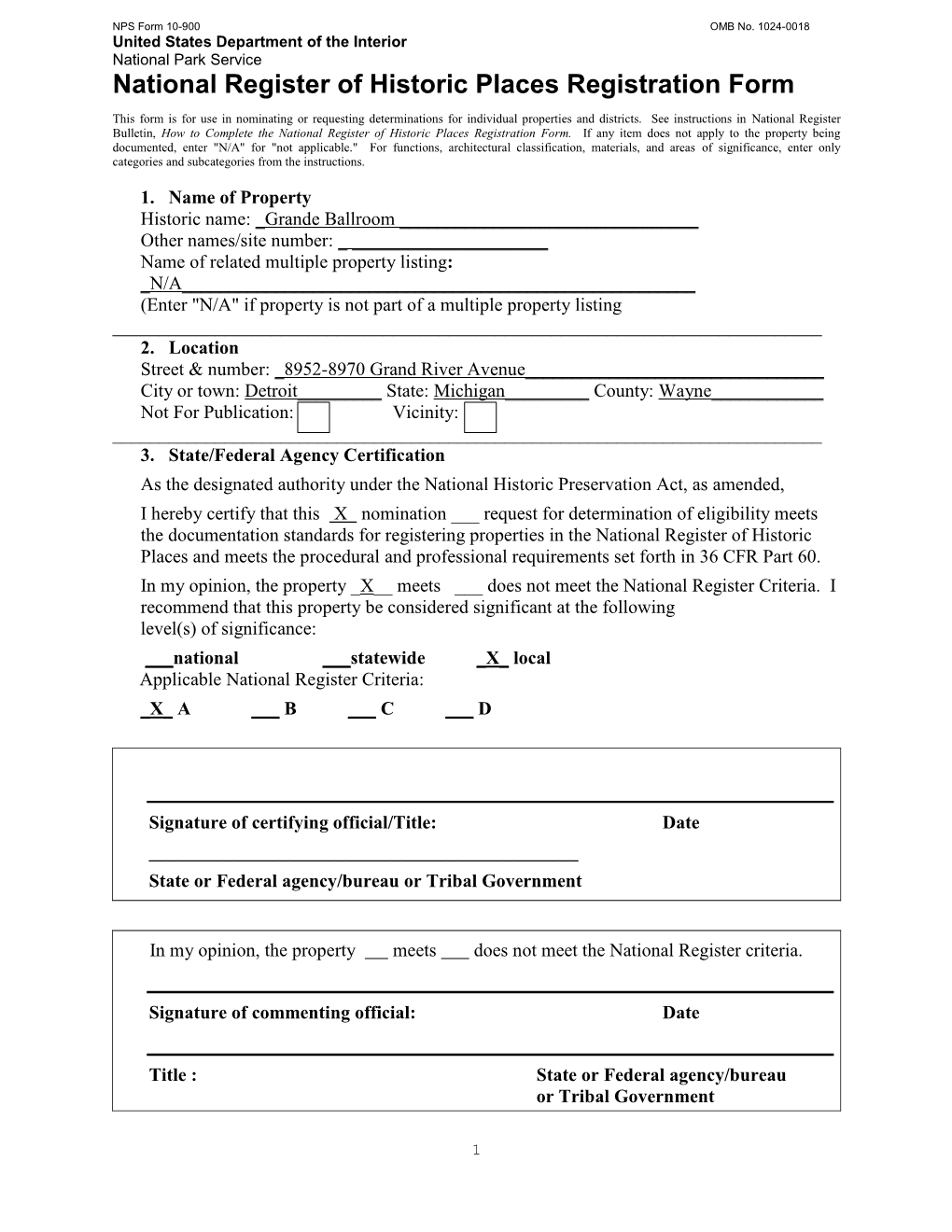 Grande Ballroom National Register of Historic Places Registration Form