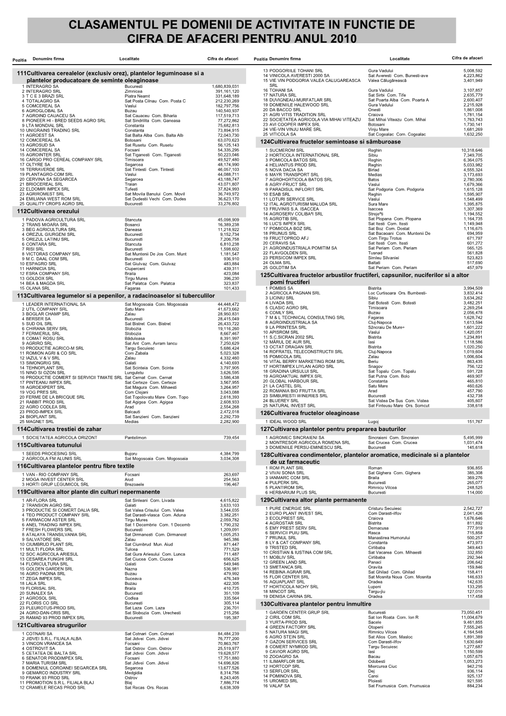 Clasamentul Pe Domenii De Activitate in Functie De Cifra De Afaceri Pentru Anul 2010