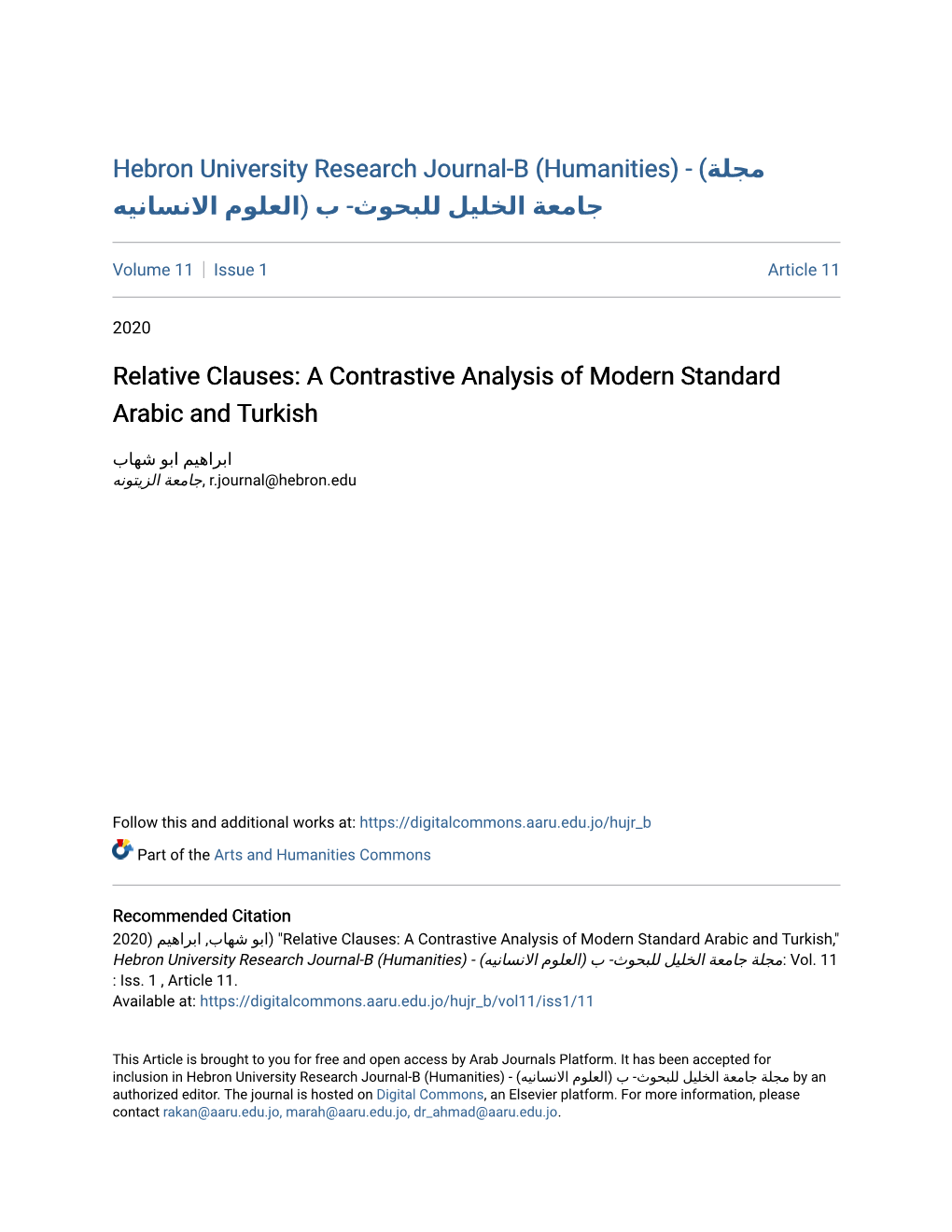 Relative Clauses: a Contrastive Analysis of Modern Standard Arabic and Turkish