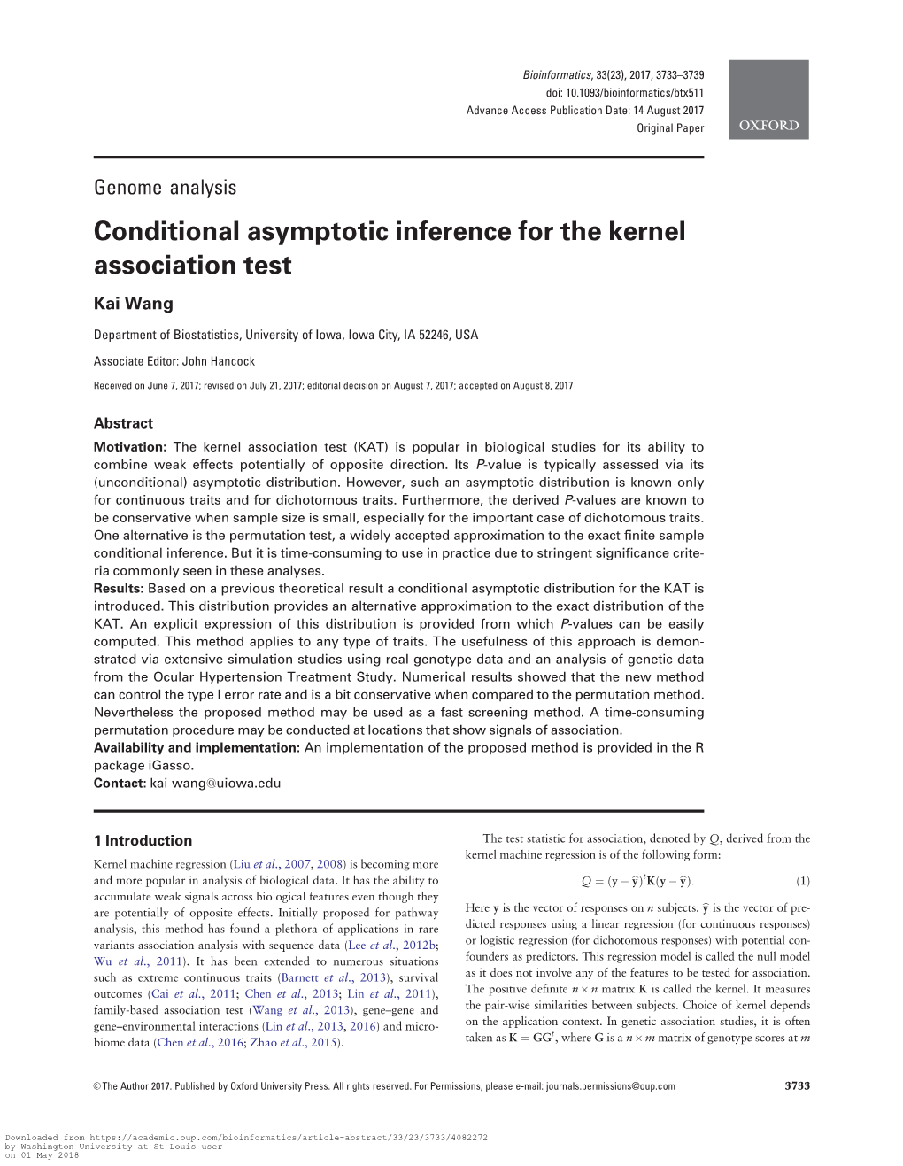 Conditional Asymptotic Inference for the Kernel Association Test Kai Wang