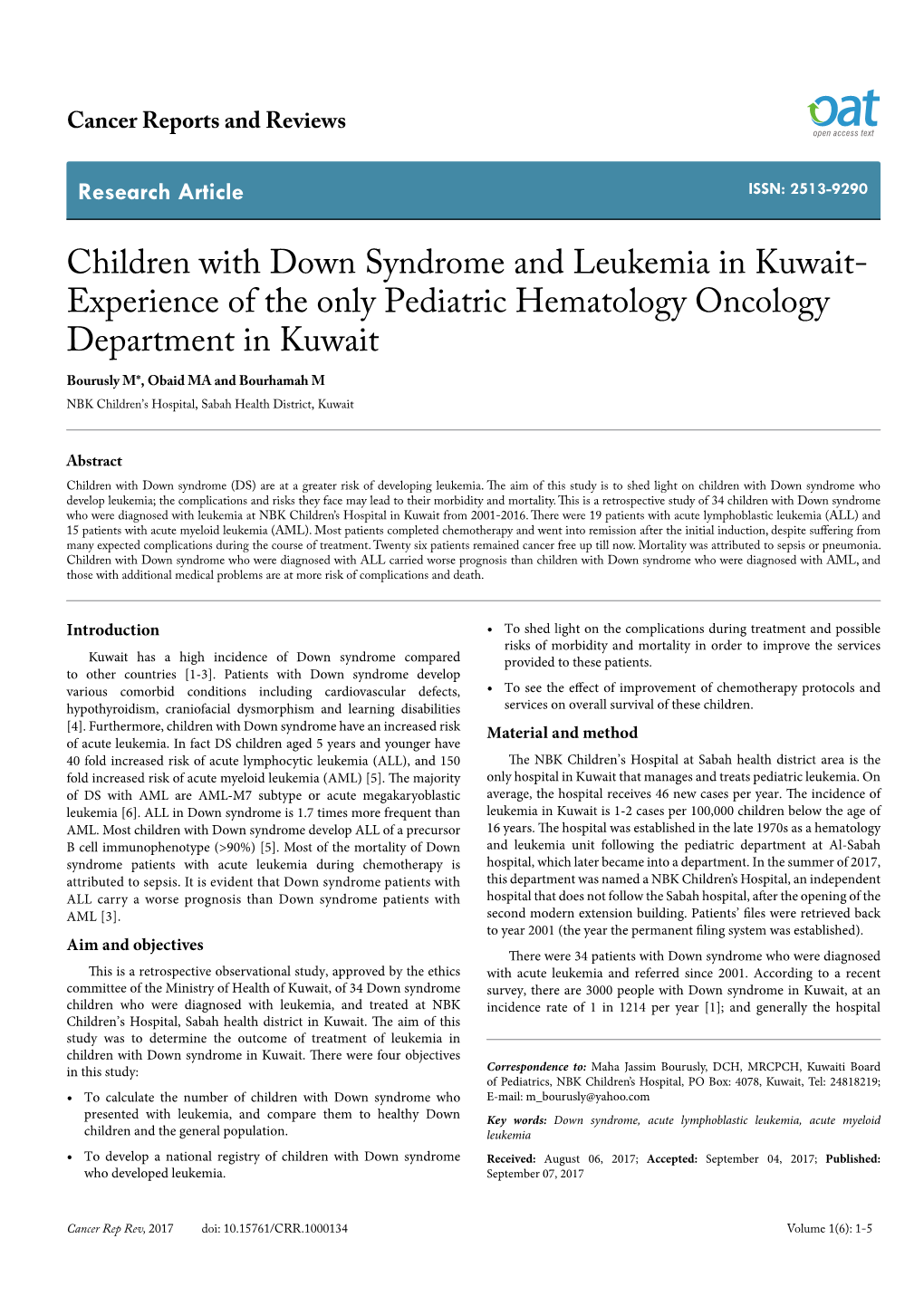 Children with Down Syndrome and Leukemia in Kuwait- Experience Of