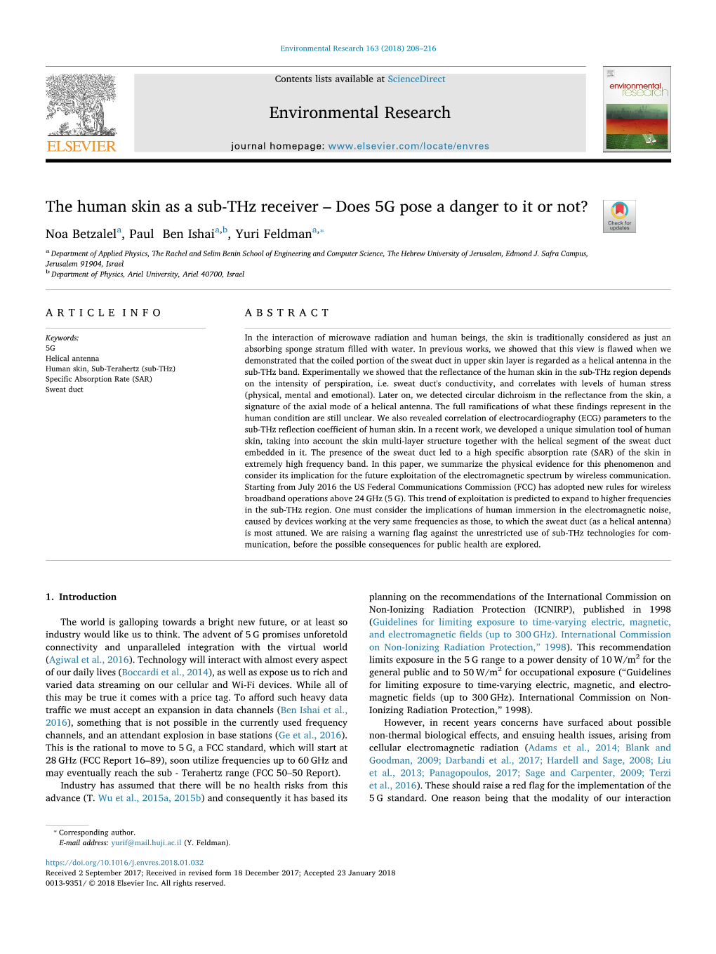 The Human Skin As a Sub-Thz Receiver – Does 5G Pose a Danger to It Or