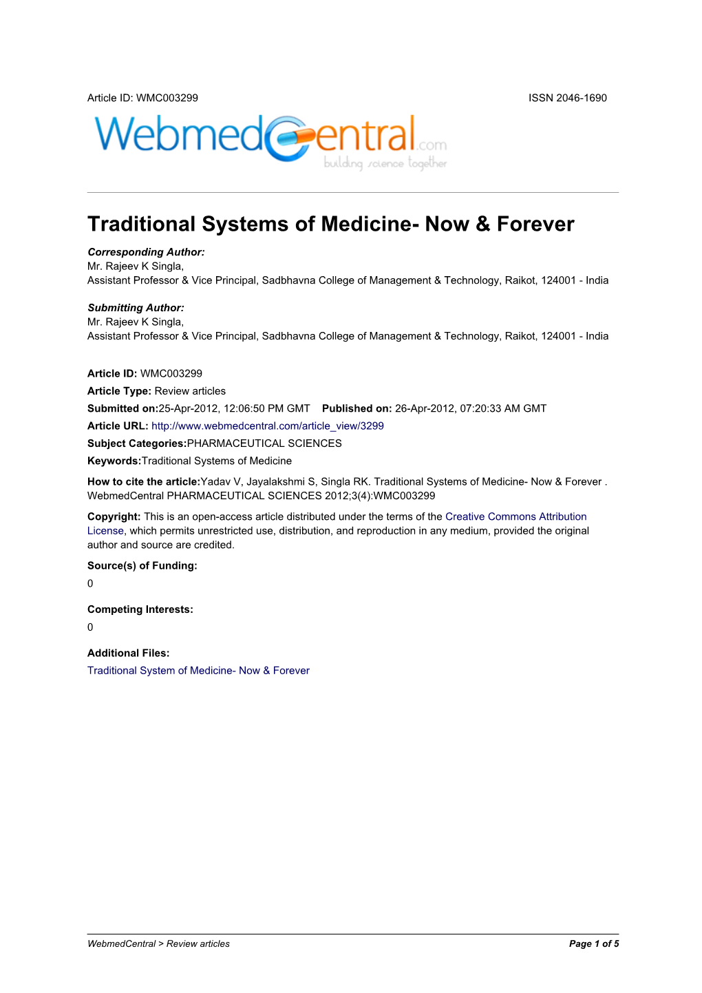 Traditional Systems of Medicine- Now & Forever