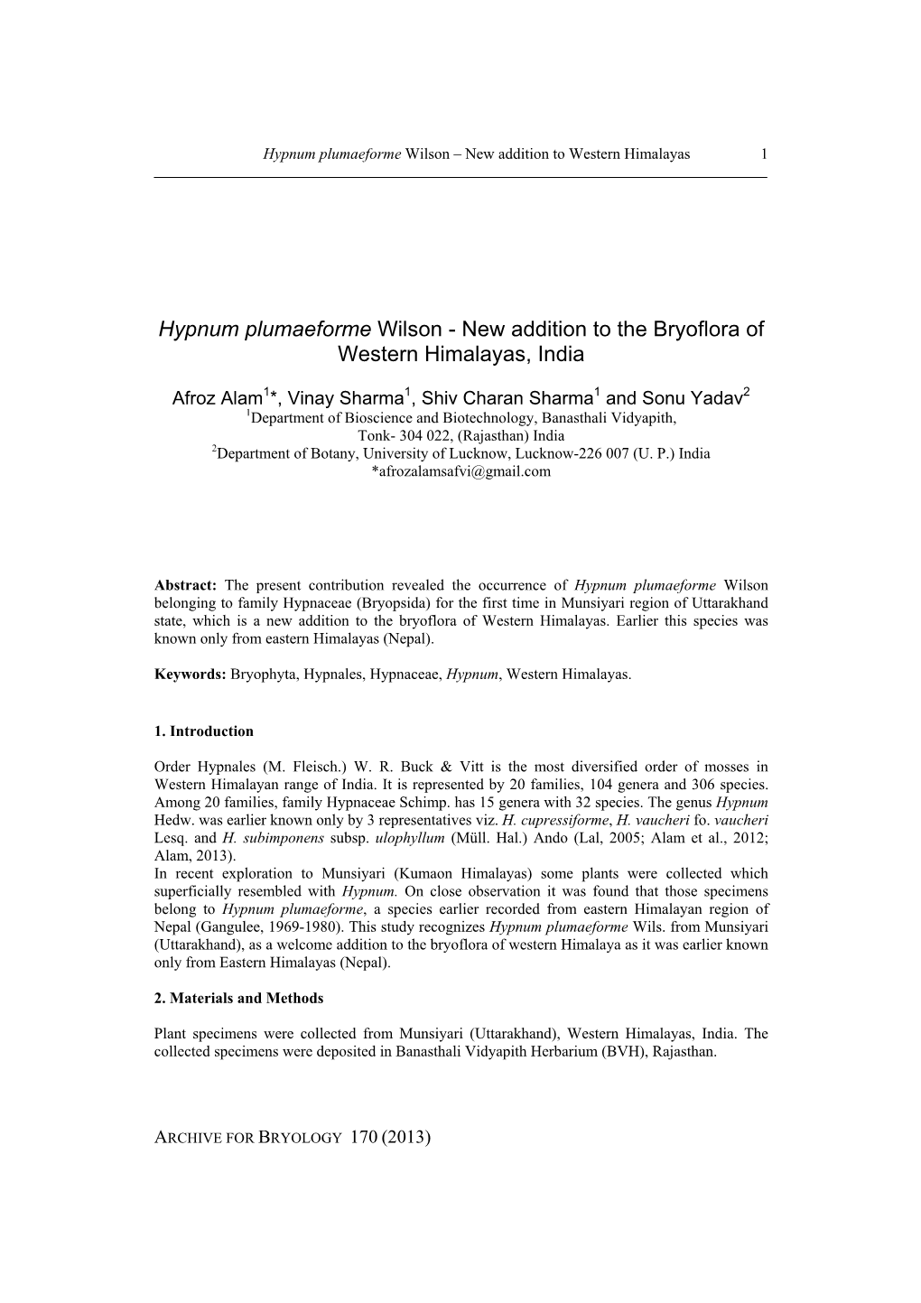 Hypnum Plumaeforme Wilson – New Addition to Western Himalayas 1